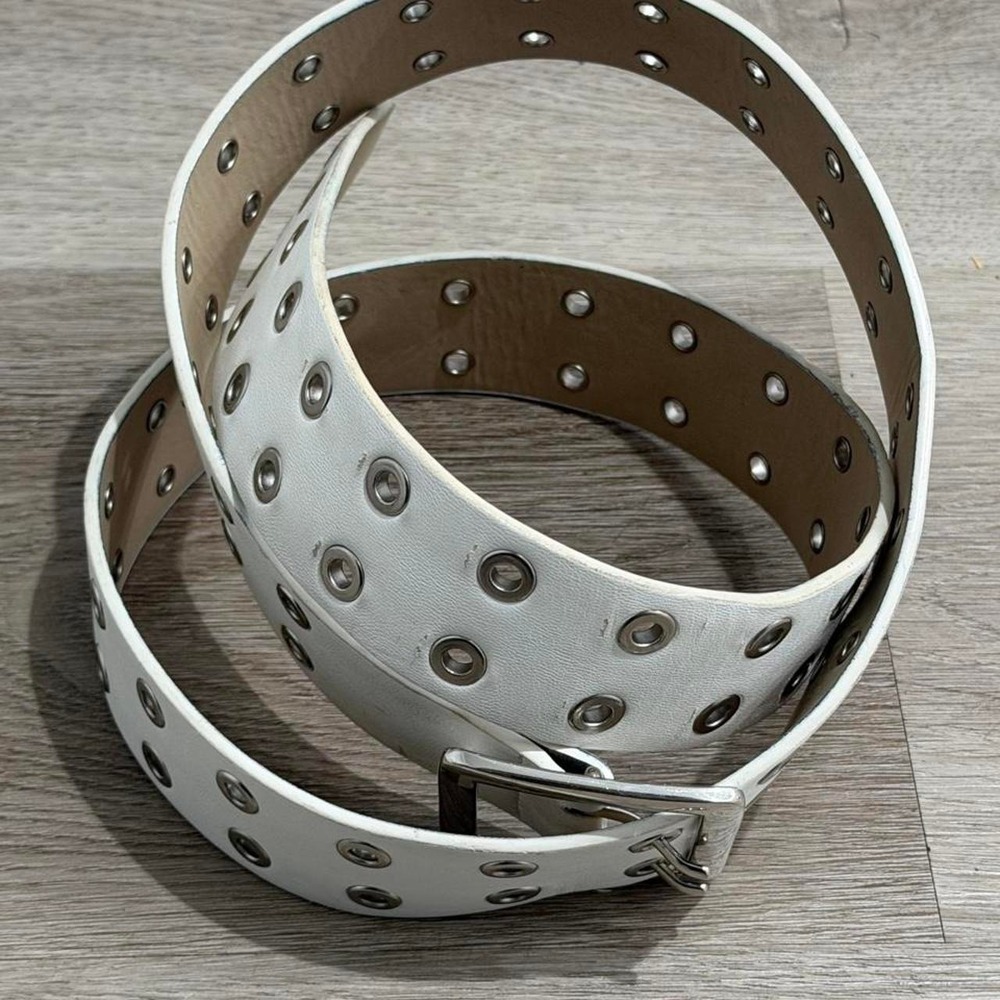 white faux leather double-grommet belt with silver-tone hardware punk-style